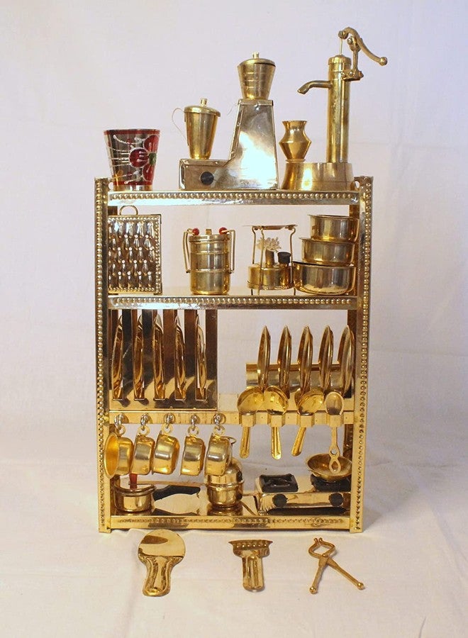 Tirtha Enterprises Handcrafted Brass Miniature Kitchen Set/Bhatukali/Toy Set/Home Decor/choppu Jaman/Real Cooking Kit for Play with Brass Stand (Gold 6) - Image 1